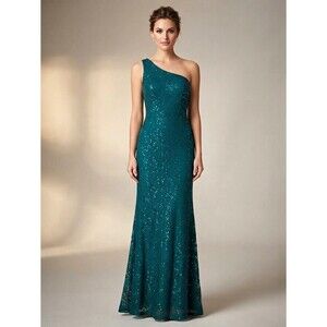 Venus Teal One Shoulder Mesh Sequin Lined Formal Dress